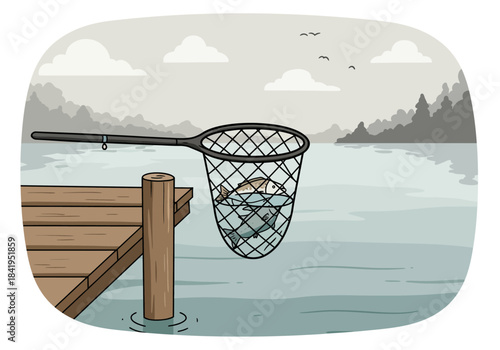 Catching Fish with a Net on a Dock.