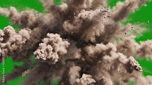 Realistic Bomb Explosion with Dust and Debris on Green Screen.