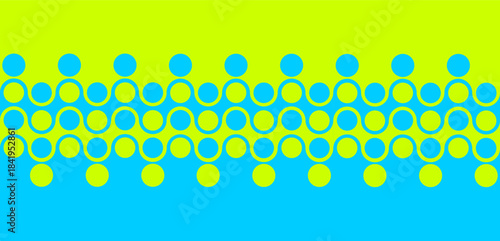 Bold geometric vector pattern. Wavy wide horizontal symmetrical stripes, circles and flowing curves in vibrant lime green and bright aqua blue. Dynamic modern abstract background. Yin Yang design. 