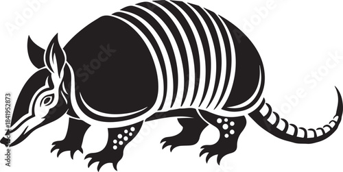 Black and white stylized illustration of an armadillo in profile view