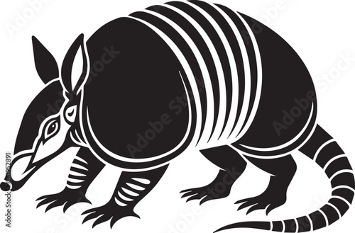 Black and white stylized illustration of an armadillo walking, vector graphic