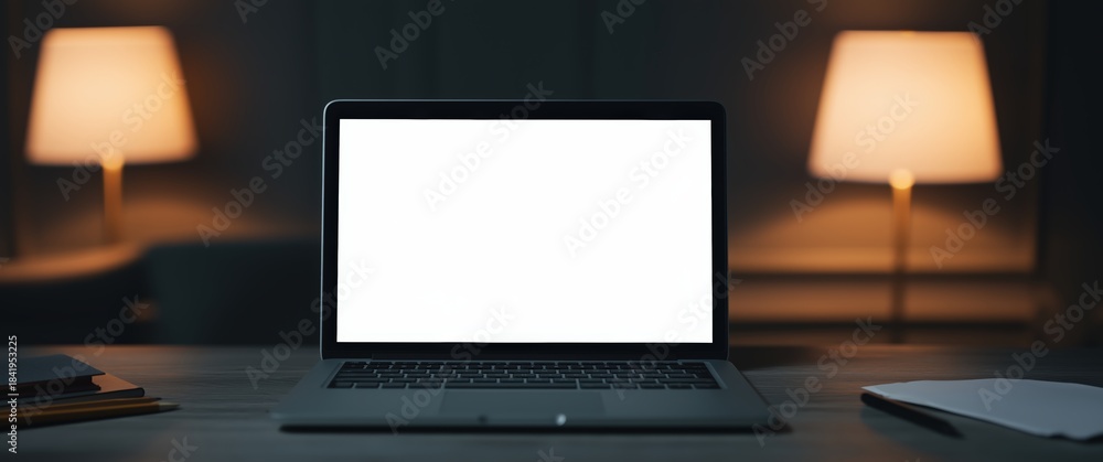 custom made wallpaper toronto digitalLaptop with blank white screen on desk at night with lamps books and paper for mockup presentation or online meeting background