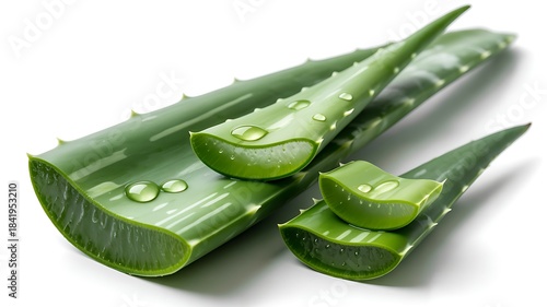 fresh cut aloe vera leaves with drops isolated on white or transparent.