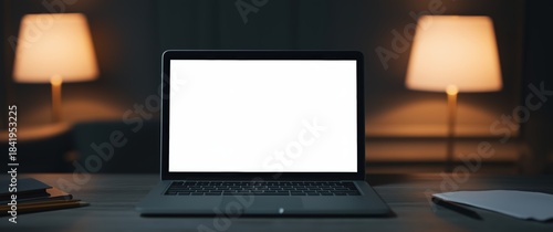 Wallpaper Mural Laptop with blank white screen on desk at night with lamps books and paper for mockup presentation or online meeting background Torontodigital.ca