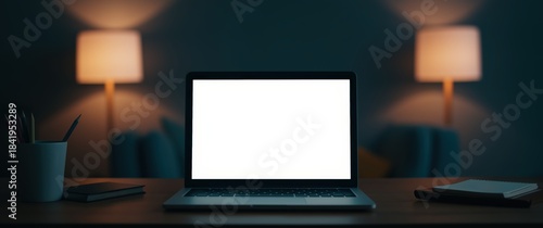 Wallpaper Mural Laptop computer with blank white screen on desk at night with lamps notebooks and pencils for remote work and online learning concepts Torontodigital.ca