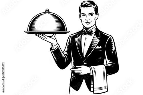 a professional waiter in formal attire presenting a covered serving tray, ideal for hospitality, service, and restaurant themes.