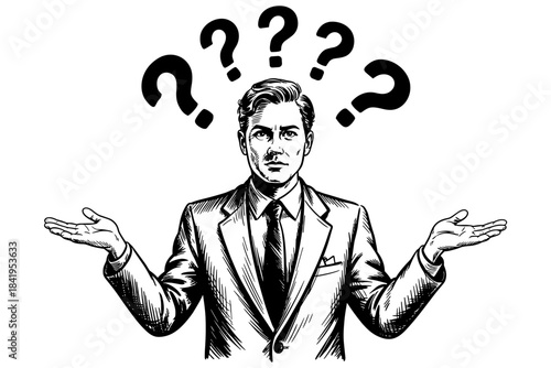 a businessman shrugging with question marks above his head, representing confusion, uncertainty, or problem-solving themes.