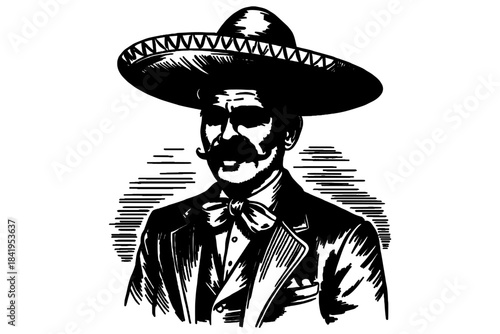 a suited man with a large sombrero and mustache, ideal for cultural themes, logos, and retro artwork.