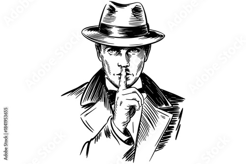 Hand drawn detective in a fedora making a quiet shushing gesture, symbolizing secrecy, mystery, confidentiality, and classic noir detective themes.