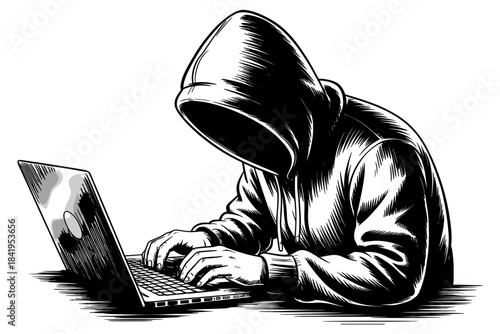 Dark hooded figure typing on a laptop, symbolizing cybersecurity threats, hacking activity, digital crime, and online anonymity