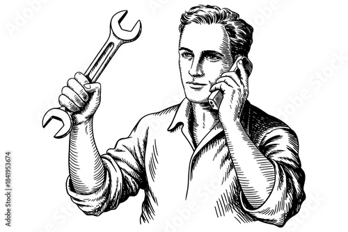 a mechanic speaking on the phone while raising a wrench, symbolizing repair service, assistance, and technical support.