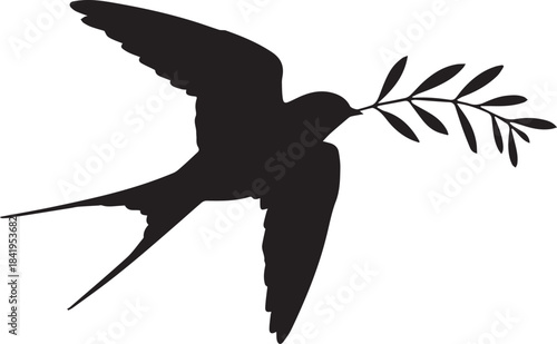 Silhouette of a swallow bird flying with an olive branch in its beak