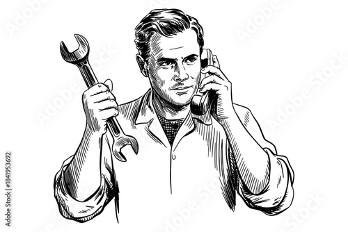 a focused mechanic holding a wrench and speaking on the phone, representing repair, service work, and technical assistance.