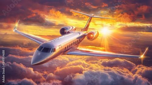 A private jet aircraft gliding through the vibrant fiery colors of a stunning sunset surrounded by dramatic cloud formations in the sky
