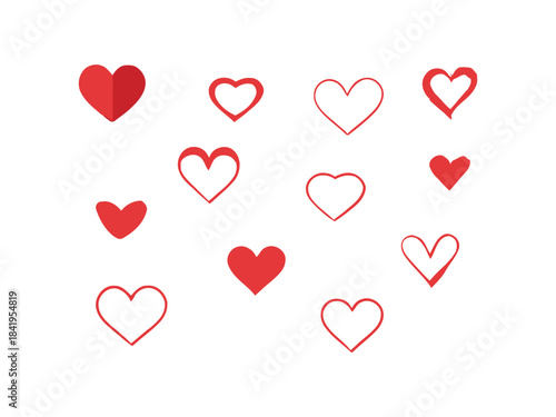 Collection of red heart icons with simple shapes, metal styled outlines, stroke valentines day symbols for love, wedding, romance, decoration designs