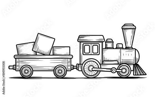 Black and white line drawing of a toy train pulling a cart filled with square blocks, evoking childhood, playtime, and classic toy design.