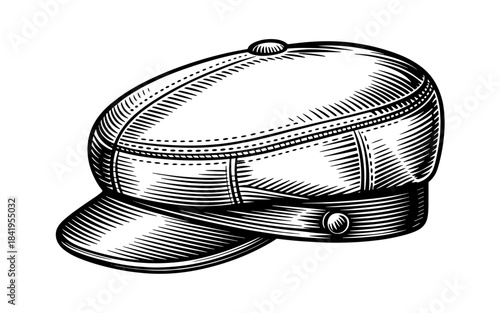a classic flat cap hat, shown in vintage engraved style, commonly associated with traditional fashion and heritage clothing.