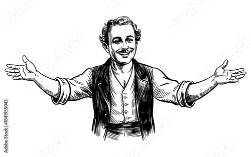 a smiling man with open arms, expressing welcome, friendliness, greeting, or invitation in a vintage drawing