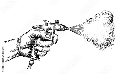 a human hand holding a spray gun, releasing a fine mist, representing painting, spraying, or industrial work.