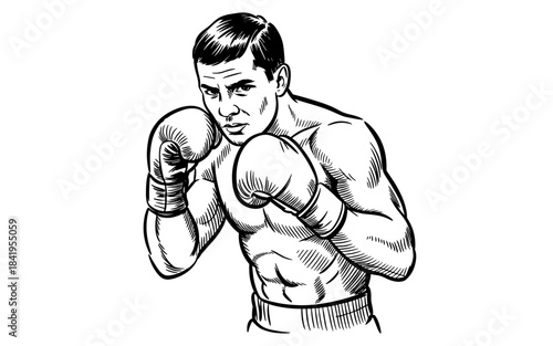 a muscular male boxer wearing gloves, standing in a classic fighting stance, focused and ready to fight.