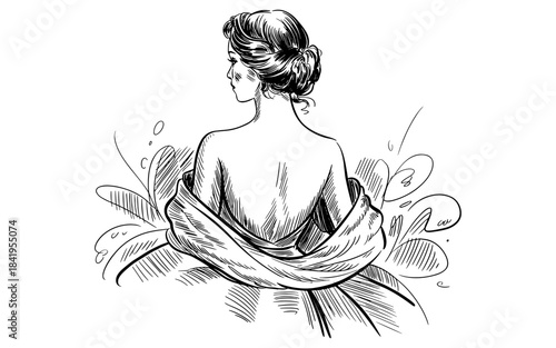 an elegant woman viewed from behind wearing a flowing dress and draped fabric.