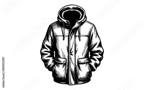 a hooded winter jacket with zipper and pockets, shown as a standalone clothing item in engraved