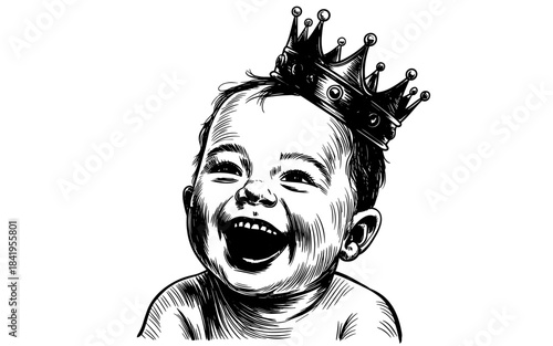 Detailed black and white illustration of a smiling baby wearing a crown, symbolizing joy, innocence, royalty, happiness, and playful childhood.