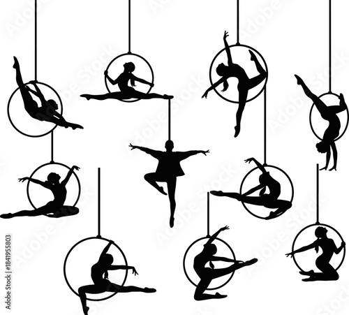 Dynamic aerial hoop acrobat silhouettes performing elegant balanced poses, showcasing strength, flexibility, artistic movement and creative circus performance in a detailed vector illustration design