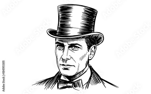 Detailed black and white portrait illustration of a refined gentleman wearing a top hat and bow tie, representing elegance, tradition, and classic
