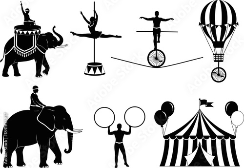 Dynamic circus performance vector illustration set featuring acrobats, elephants, tightrope artists, strongman acts, hot air balloon, and festive striped tent elements in silhouette style