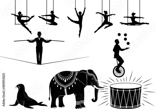 Dynamic circus performer silhouette collection featuring aerial acrobats, tightrope walker, juggler, decorated elephant, playful seal, and drum elements for creative vector illustration projects