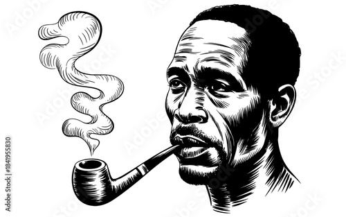 a thoughtful man smoking a pipe, shown in a detailed vintage engraving