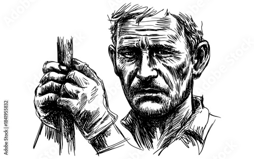 portrait of a rugged working man holding a tool, showing strength, hardship, and raw masculine character.
