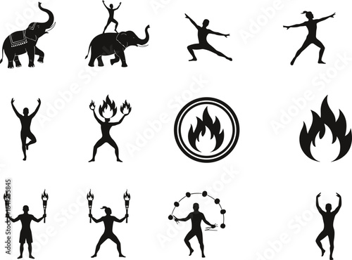 Dynamic circus performers, fire dancers, jugglers, and elephants in bold silhouette vector style, showcasing movement, balance, flames, and artistic performance for entertainment design