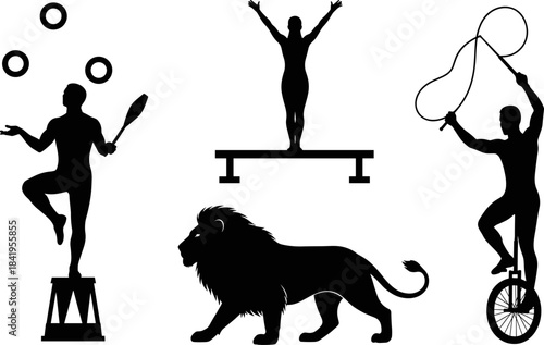 Dynamic circus silhouette collection featuring jugglers, acrobats, lion figure, and unicycle performer with rope tricks for creative entertainment vector art and design projects