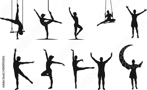 Dynamic collection of acrobat and dancer silhouettes featuring aerial poses, elegant movements, trapeze performances, and artistic moon-themed elements for creative vector illustration projects