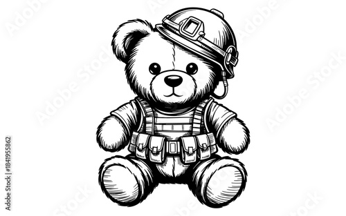 Detailed sketch of a teddy bear wearing a military helmet and tactical vest, sitting upright with a serious soldier theme.