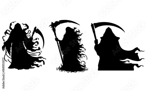 Black silhouettes of three Grim Reaper figures holding scythes, shown in a dark stylized illustration representing death and mystery.