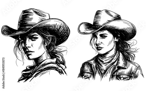 Black and white pen and ink illustrations showing two detailed portraits of a woman wearing a cowboy hat, focused on face and upper body.