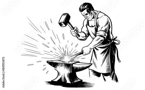 a blacksmith hammering hot metal on an anvil, with sparks flying during forging work.
