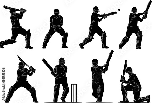 Dynamic cricket batsman silhouette collection showcasing multiple batting poses, professional sports action scenes, athletic movement, competitive gameplay, black vector illustration design
