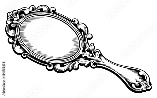 Ornate vintage hand mirror illustrated in black ink, featuring decorative baroque details, suitable for beauty, fashion, luxury, and classic design themes.
