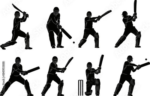 WebDynamic cricket player silhouette collection showcasing diverse batting, bowling, and fielding poses, ideal for sports vector illustration, training graphics, tournament artwork, 