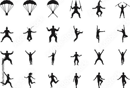 Dynamic silhouette vector collection of diverse human jump, dance, and parachute poses, perfect for energetic motion illustrations, activity concepts, and creative design projects