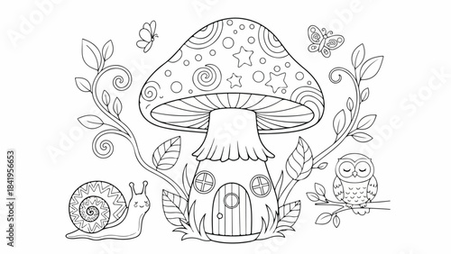 A whimsical line drawing of a mushroom house surrounded by foliage, a snail, and an owl on a white background with a fantastical mood.