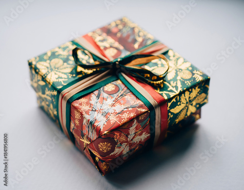 Wrapped Holiday Gift Box With Ribbon on Neutral Background