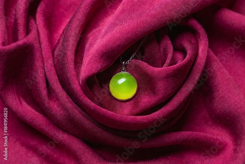 Vibrant Green Gemstone Pendant on Satin Texture Background: Elegant Fashion Accessory with a Vintage Luxury Design