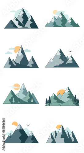 Mountain landscape scenes with sun and clouds