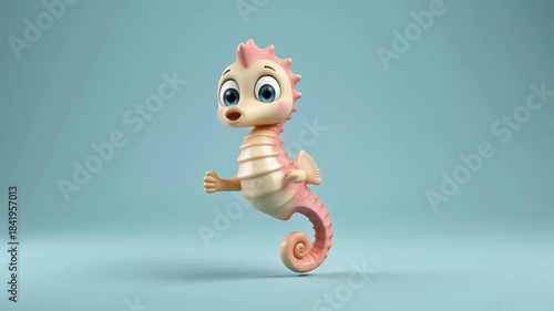 Cute cartoon pink seahorse with big eyes swimming in a light blue underwater environment.