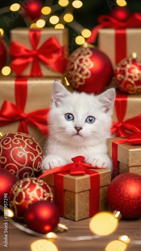 fluffy white kitten with bright blue eyes sits among red and gold Christmas ornaments and wrapped gifts. Warm festive lights glow in the background, adding holiday cheer